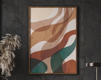 May include: Abstract art print with a brown, orange, green, and white color scheme. The print is framed in a dark wood frame and is hanging on a dark gray wall.