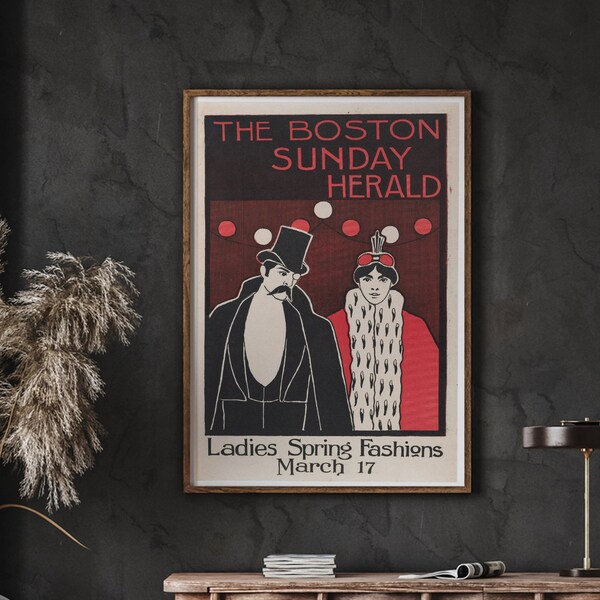 Art Deco Poster, Boston Sunday Herald, Vintage Advertising Print, Retro poster, Retro Magazine Cover, Advertising Wall Art, Instant Download