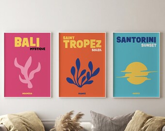 Set of 3 Travel Famous Places Prints, Maximalist Wall Art, Colorful Travel Set, Summer Travel Poster