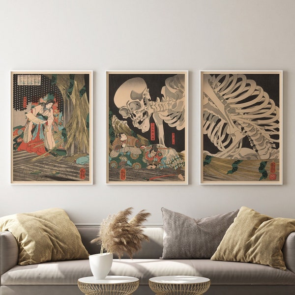 Japanese Set of 3 Posters, Utagawa Kuniyoshi,  Mitsukuni Defying the Skeleton Spectre, Japanese Poster, Living Room Art, DIGITAL DOWNLOAD