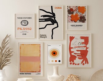 Gallery Wall Set of 6, Orange Wall Decor, Mark Rothko, Andy Warhol, Picasso, Bauhaus Print Set, DIGITAL DOWNLOAD