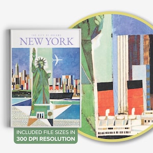 May include: A vintage travel poster with a colorful abstract design featuring the Statue of Liberty, a cityscape, and a ship. The poster reads "The City of Dreams, New York".