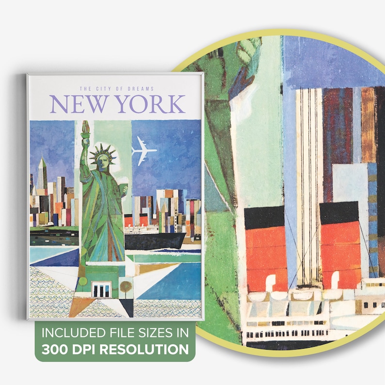 May include: A vintage travel poster with a colorful abstract design featuring the Statue of Liberty, a cityscape, and a ship. The poster reads "The City of Dreams, New York".
