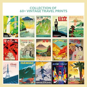 May include: A collection of 60+ vintage travel posters featuring various destinations around the world. The posters are in a variety of styles, including Japanese woodblock prints, mid-century modern, and Art Deco. Some of the destinations featured include Japan, Hawaii, Paris, New York, and Los Angeles.