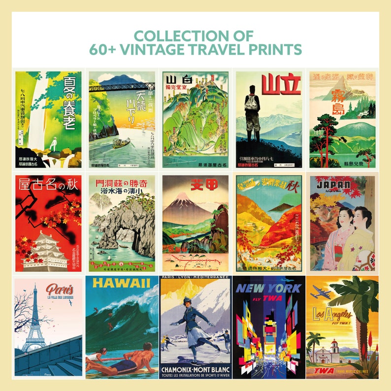 May include: A collection of 60+ vintage travel posters featuring various destinations around the world. The posters are in a variety of styles, including Japanese woodblock prints, mid-century modern, and Art Deco. Some of the destinations featured include Japan, Hawaii, Paris, New York, and Los Angeles.