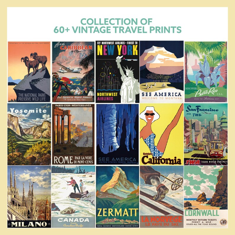 May include: A collection of 60 vintage travel posters featuring destinations like New York, Yosemite, California, and Puerto Rico. The posters are colorful and feature iconic imagery from each location.