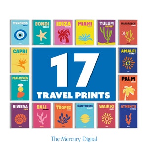 Preppy Room Decor Travel Poster Bundle Conjunto de 17, Conjunto de carteles de viajes de verano, Impresiones de dormitorios de moda, Conjunto de viajes colorido, DESCARGA DIGITAL