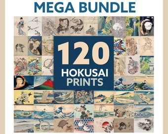 May include: A collage of 120 Japanese woodblock prints by artist Hokusai. The prints feature a variety of subjects, including landscapes, seascapes, and figures. The text "MEGA BUNDLE 120 HOKUSAI PRINTS The Mercury Digital" is displayed on the image.