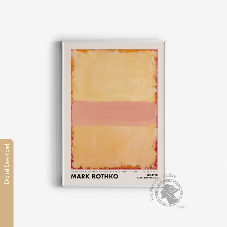 May include: A poster for a Mark Rothko retrospective exhibition at The Solomon R. Guggenheim Museum in New York City from October 27, 1970 to January 13, 1971. The poster features a large abstract painting with a horizontal band of pink against a yellow background.