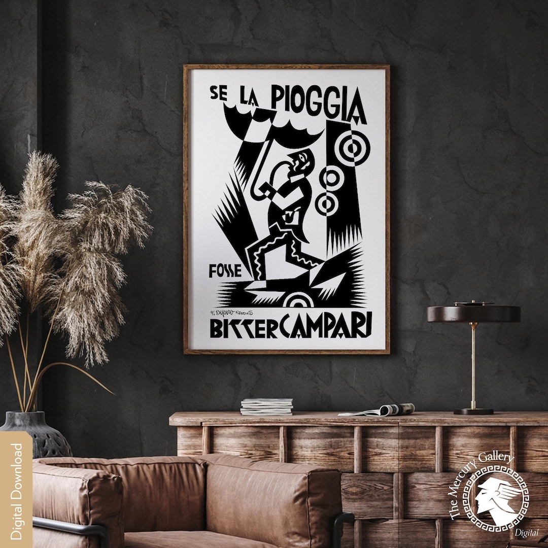 Bitter Campari Poster, Vintage Bar Decor, Drinks Art, Black and