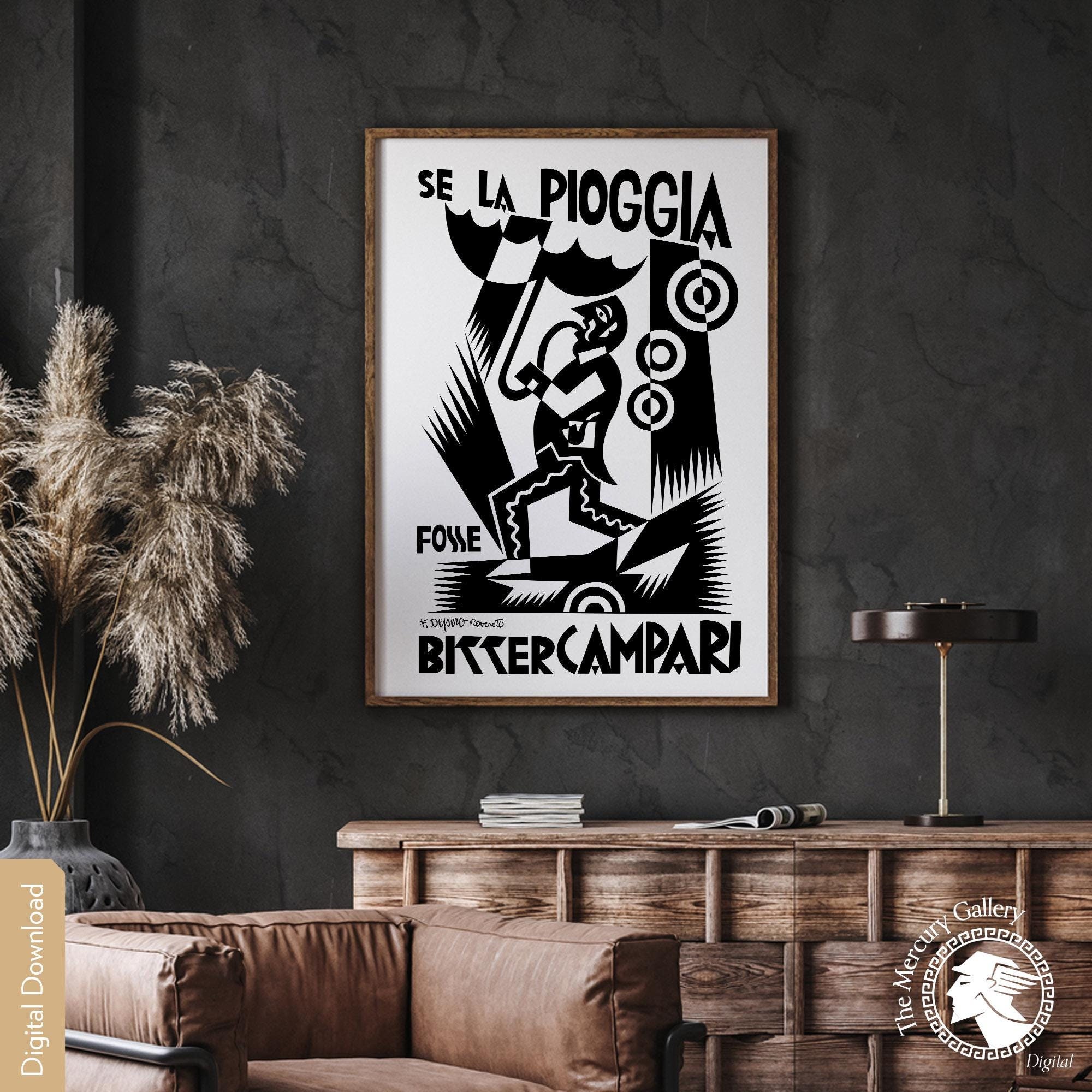 Bitter Campari Poster, Vintage Bar Decor, Drinks Art, Black and