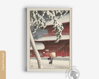 川瀬巴水　ポスター　雪の゙増上寺 川瀬巴水による浮世絵「Snow at Zojoji Temple — 増上寺の雪」