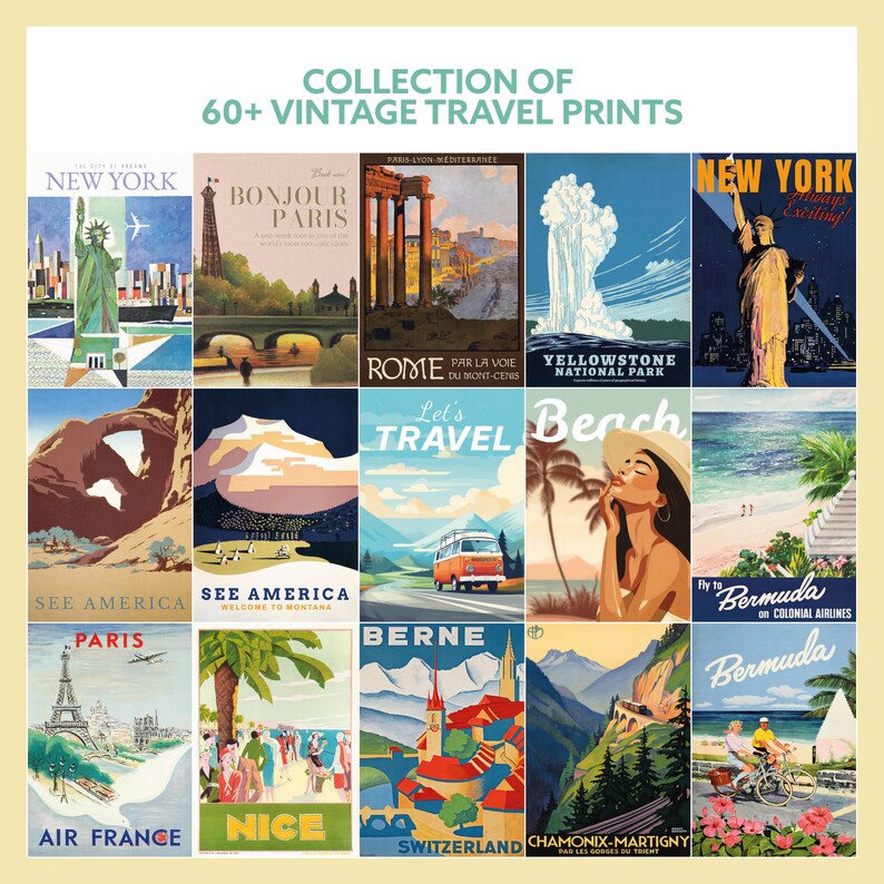 May include: A collection of vintage travel posters featuring iconic destinations around the world. The posters are colorful and feature illustrations of landmarks, cities, and landscapes. Some of the destinations include New York, Paris, Rome, Yellowstone National Park, Bermuda, and Switzerland.