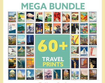 60+ Vintage Travel Poster Prints, City Illustrations (Digital Download)