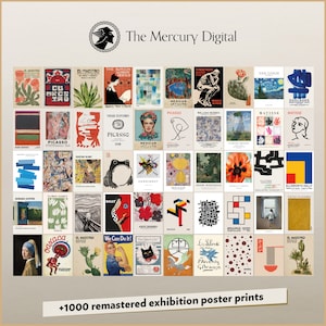 May include: A collage of 48 colorful vintage art posters featuring famous artists like Picasso, Matisse, Kandinsky, and Van Gogh. The posters are arranged in a grid pattern and have a variety of styles and subjects, including abstract art, landscapes, portraits, and still lifes. The posters are all framed in white and have a white background.