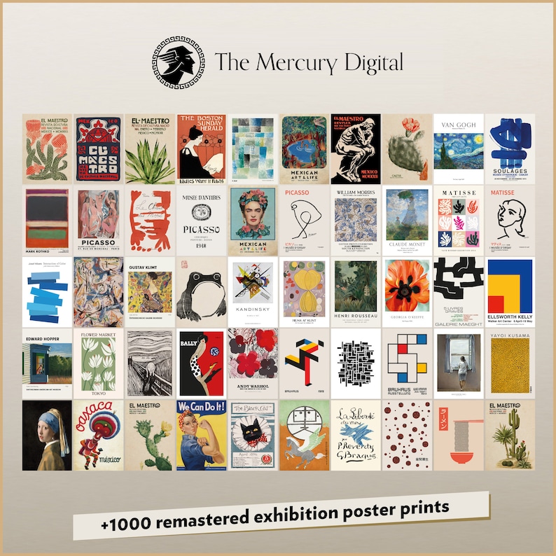 May include: A collage of 48 colorful vintage art posters featuring famous artists like Picasso, Matisse, Kandinsky, and Van Gogh. The posters are arranged in a grid pattern and have a variety of styles and subjects, including abstract art, landscapes, portraits, and still lifes. The posters are all framed in white and have a white background.