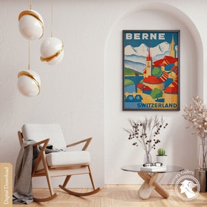 May include: A vintage travel poster with a colorful illustration of the city of Berne, Switzerland. The poster features a cityscape with mountains in the background and the text "BERNE SWITZERLAND".