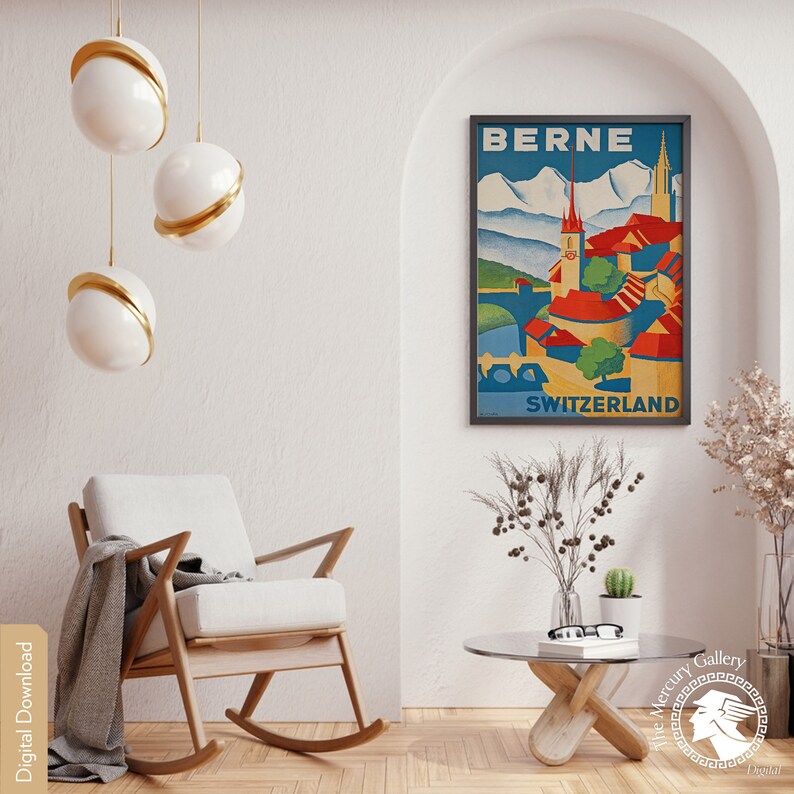 May include: A vintage travel poster with a colorful illustration of the city of Berne, Switzerland. The poster features a cityscape with mountains in the background and the text "BERNE SWITZERLAND".