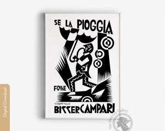 Bitter Campari Poster, Vintage Bar Decor, Drinks Art, Black and