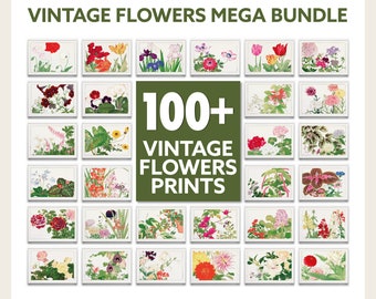 May include: A collage of 36 vintage flower illustrations, featuring a variety of flowers in different colors and styles. The text "100+ Vintage Flowers Prints" is displayed in a green box in the center of the image.