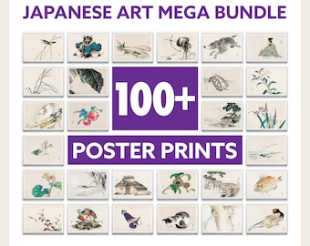 May include: A collection of over 100 Japanese art prints featuring a variety of subjects, including birds, flowers, landscapes, and animals. The prints are in black and white and have a traditional Japanese style. The text "JAPANESE ART MEGA BUNDLE" and "100+ POSTER PRINTS" is displayed in a purple box.