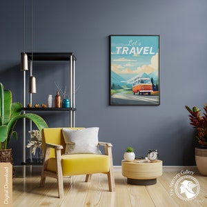 May include: A yellow armchair with a white pillow sits in a room with a black metal shelf, a wooden side table, and a framed poster that reads "Let's Travel" with a vintage van driving on a road in front of mountains.