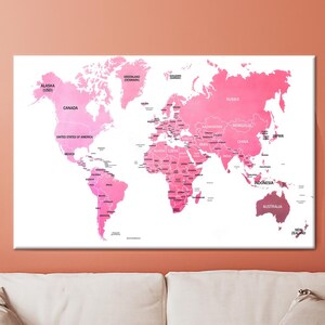 Mapa del mundo rosa, lienzo decorativo para el hogar, lienzo con mapa, arte de pared enmarcado, lienzo para habitación de niña, lienzo para oficina, regalo para el hogar, decoración del espacio de trabajo.