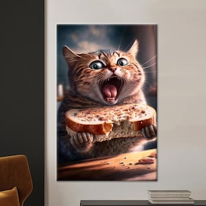 May include: A brown and white tabby cat with wide, surprised eyes is holding a large piece of bread in its paws and has its mouth open wide as if it is about to take a big bite.
