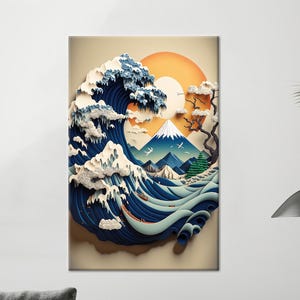Quadro su tela con onda giapponese e Monte Fuji, poster stilizzato di oceano e sole ispirato alla Grande Onda, decorazione artistica della natura per interni zen