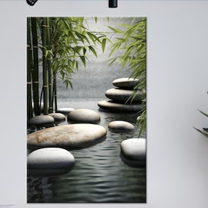 Zen Garden Wall Art with Bamboo and Stones - Tranquil Water Scene Canvas Poster - Japanese Spa Decor for Relaxing and Peaceful Spaces