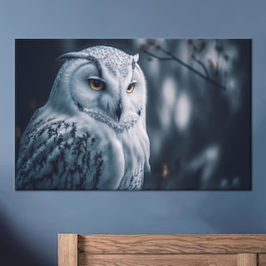 Snowy Owl Canvas Wall Art, Majestic Bird Portrait Poster Print, White and Gray Wildlife Cotton Canvas for Rustic Cabin or Nature Lover Decor