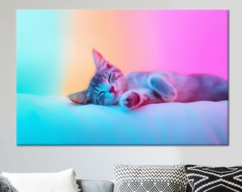 Colorful Sleeping Cat Canvas Art: Neon Kitten Print for Kids Room