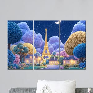 Dreamy Paris Night Canvas Wall Art, Eiffel Tower Fantasy Village Poster Print, Whimsical Cotton Canvas for Bedroom or Romantic Wall Decor