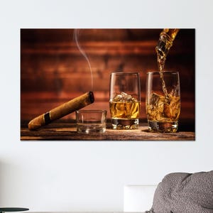 Whiskey and Cigar Canvas Wall Art, Rustic Bar Lounge Poster Print, Bourbon Glasses and Smoke Cotton Canvas for Man Cave or Home Bar Decor