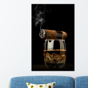 Whiskey and Cigar Canvas Wall Art, Masculine Bar Lounge Decor, Luxury Smoked Cigar Print, Dark Man Cave Artwork for Office or Home Bar