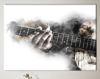 May include: A watercolor painting of a hand playing an acoustic guitar. The guitar is in focus, and the hand is slightly blurred. The background is a white canvas with a light brown watercolor wash.