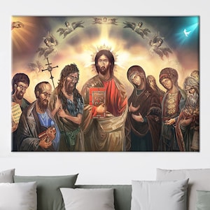 Christ Wall Art, Jesus Printed, Modern Canvas Art, Holy Jesus Wall Decor, Spiritual Printed, Jesus Christ Surrounded With Saints Printed,