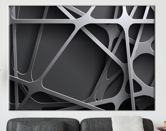 May include: Abstract geometric wall art featuring a silver metallic design on a dark gray background. The design resembles a web or network of intersecting lines.
