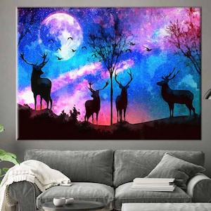 Cartel abstracto, decoración moderna de la pared, lienzo de la luna, lienzo de arte de las luces de la aurora, arte colorido del lienzo del cielo, obras de arte de los ciervos, obras de arte de los animales,