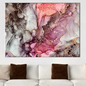 Pink And Gray Marble, Gold Marble Wall Decor, Alcohol Ink Artwork, Gold Art Canvas, Marble Wall Decor, Luxury Marble Canvas Art,