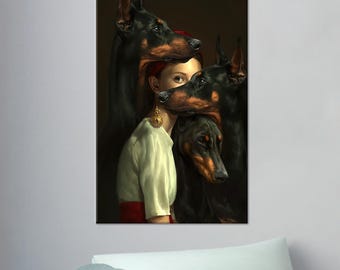 Doberman & Woman Portrait: Dark Romantic Gothic Canvas Art