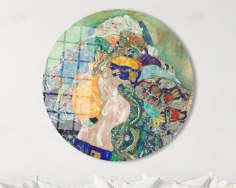 May include: A circular painting depicting a woman and a child in a colorful, abstract style. The woman is wearing a blue and green dress, and the child is wearing a white dress. The painting is filled with vibrant colors and swirling patterns.
