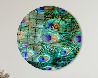 Peacock Feather Tempered Glass Wall Art: Colorful Home Decor