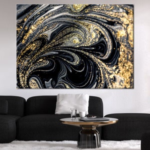 Negro y dorado, decoración de pared de mármol de lujo, obra de arte contemporánea, póster de mármol, arte de pared de mármol dorado, arte de pared con tinta de alcohol,