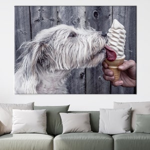 Dog Ice Cream Artwork, Dog Lover Gift Art Canvas, Animal Poster, Cute Dog Poster, Dog Wall Decor, Dog Eating Ice Cream Poster,