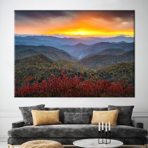 Ver impreso, lienzo de Blue Ridge Parkway, arte del atardecer, lienzo de arte del paisaje del atardecer, arte del paisaje, color de otoño impreso, arte del lienzo de montaña,