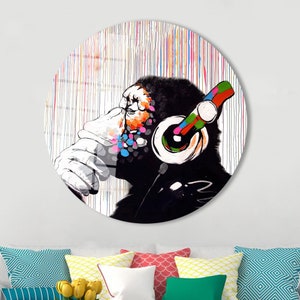 Banksy Monkey Glass Printing, Glass Art, Glass Wall Art Modern, Glass Printing, Banksy Thinking Monkey, Dj Monkey Glass Wall Art,