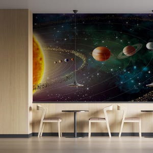 Helle Wandpapier, Sonne Wanddekor, Weltraum Papierkunst, Landschaft Wandtattoo, Sonnensystem Wandmalerei, selbstklebendes Papier,