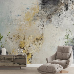 Papierwandkunst, helles Wandpapier, Tapete schälen und aufkleben, Graue Wandmalerei, Grau und Goldputz, Goldwanddekor,