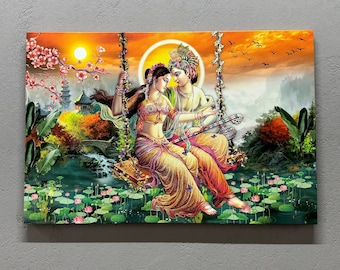 Impressão de pintura de Radha Krishna, pôster de presente hindu, arte de parede de Radha Krishna, arte de parede famosa, arte de parede indiana, reprodução de arte